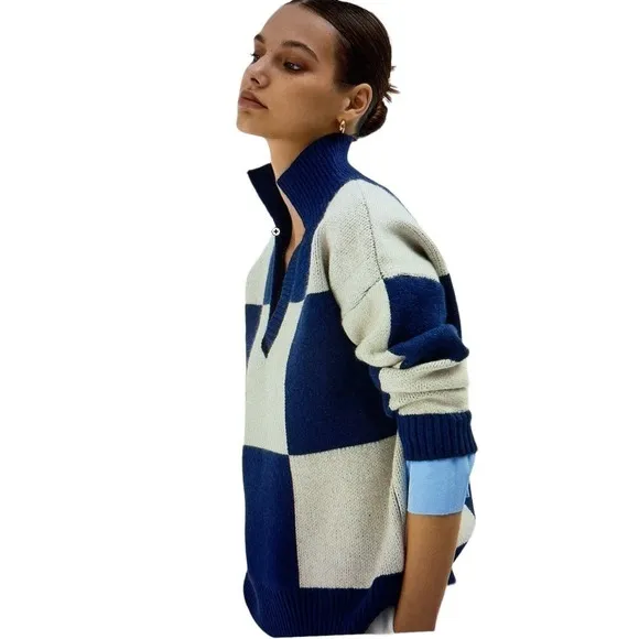 Color Block Collared Oversized Long Sleeve Knit Sweater Large