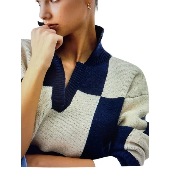 Color Block Collared Oversized Long Sleeve Knit Sweater Large