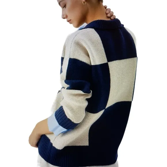 Color Block Collared Oversized Long Sleeve Knit Sweater Large
