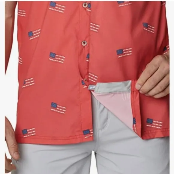 COLUMBIA Slack Tide Red Spark Flag Camp Shirt LG BNWT Limited Edition SO 1 Left