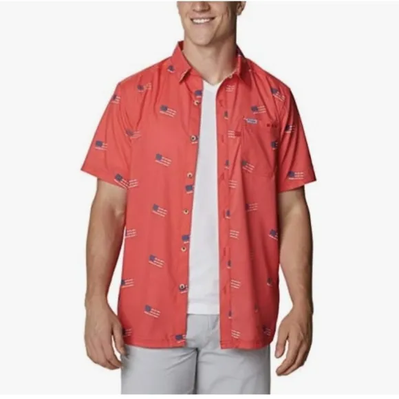 COLUMBIA Slack Tide Red Spark Flag Camp Shirt LG BNWT Limited Edition SO 1 Left