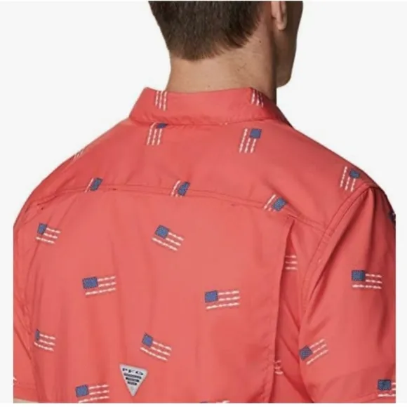 COLUMBIA Slack Tide Red Spark Flag Camp Shirt LG BNWT Limited Edition SO 1 Left