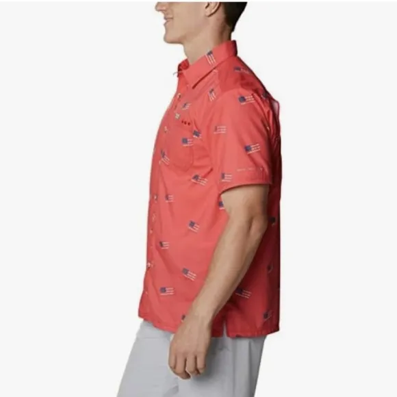 COLUMBIA Slack Tide Red Spark Flag Camp Shirt LG BNWT Limited Edition SO 1 Left
