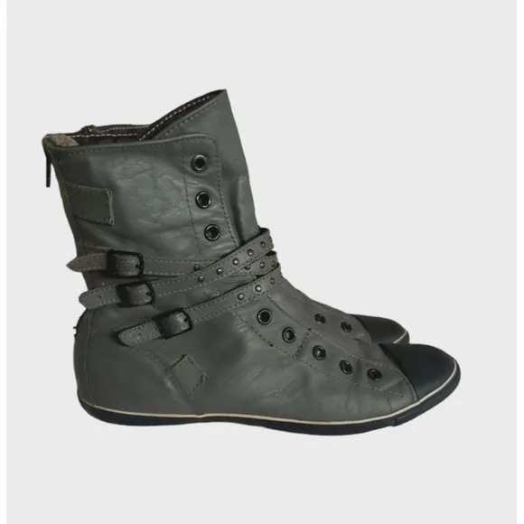 Converse All Star Gray Leather Boots Buckle Zip Up Women's Size 7.5 Slim Heel