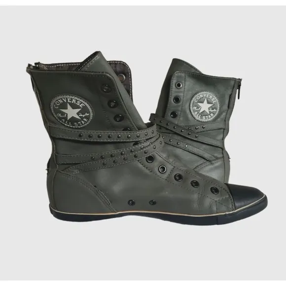 Converse All Star Gray Leather Boots Buckle Zip Up Women's Size 7.5 Slim Heel