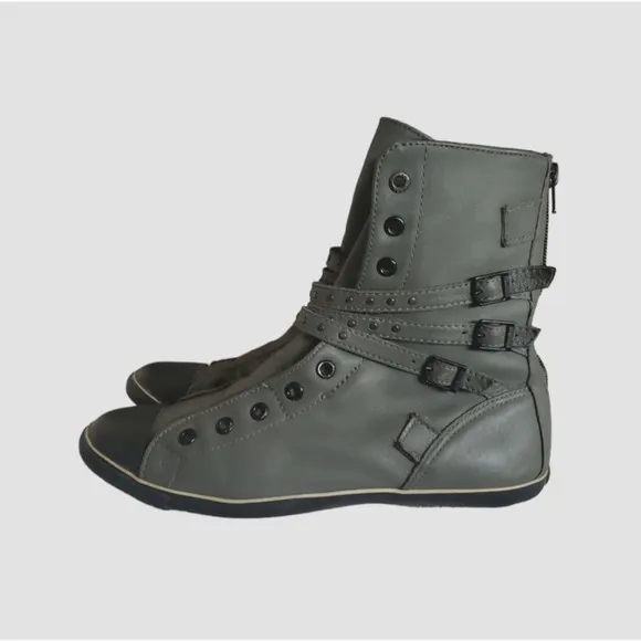 Converse All Star Gray Leather Boots Buckle Zip Up Women's Size 7.5 Slim Heel