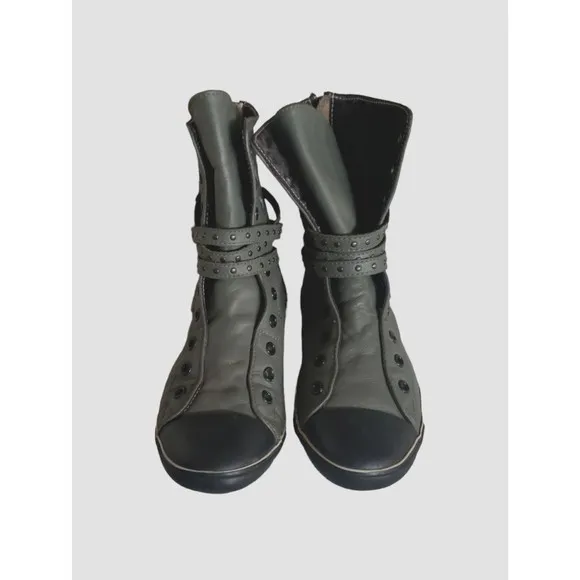 Converse All Star Gray Leather Boots Buckle Zip Up Women's Size 7.5 Slim Heel