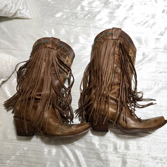 Corral Fringe Leather Boots With Starvorski Crystals Size 8 EUC!