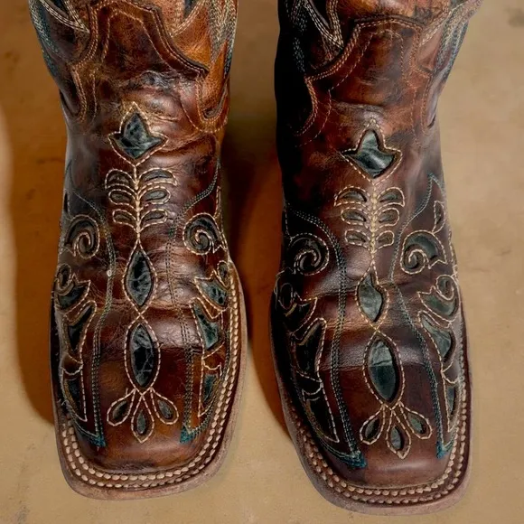 Corral Square Toe Inlay Cognac Western Brown Blue Green Heeled Boots Size 8