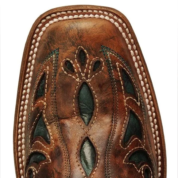 Corral Square Toe Inlay Cognac Western Brown Blue Green Heeled Boots Size 8