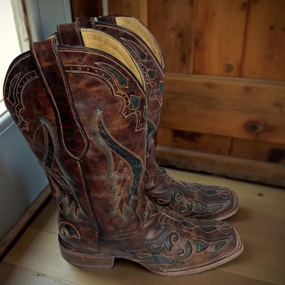 Corral Square Toe Inlay Cognac Western Brown Blue Green Heeled Boots Size 8