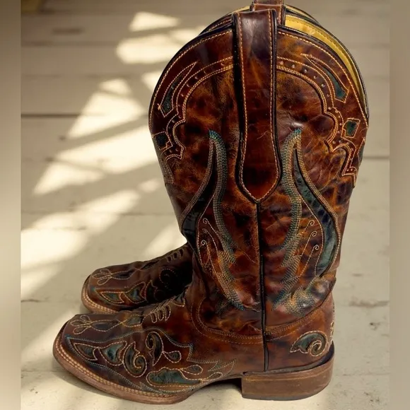 Corral Square Toe Inlay Cognac Western Brown Blue Green Heeled Boots Size 8