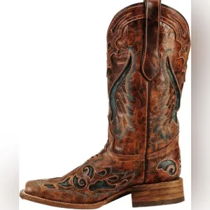 Corral Square Toe Inlay Cognac Western Brown Blue Green Heeled Boots Size 8