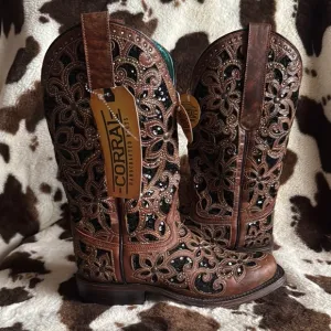 Corral Women's Brown and Black Flower Stud Glitter Inlay Western Boots A4129