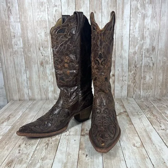 Corral Women's Chocolate Lizard Inlay‎ Snip Toe Cowgirl Boots C2118 Womens 7