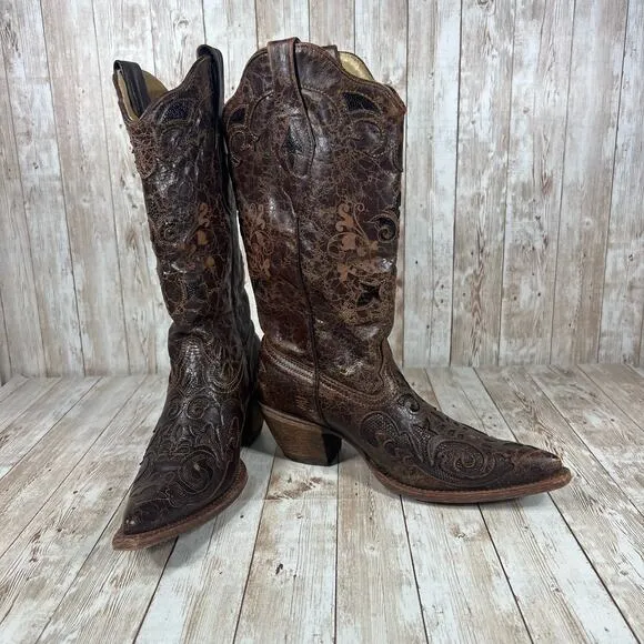 Corral Women's Chocolate Lizard Inlay‎ Snip Toe Cowgirl Boots C2118 Womens 7