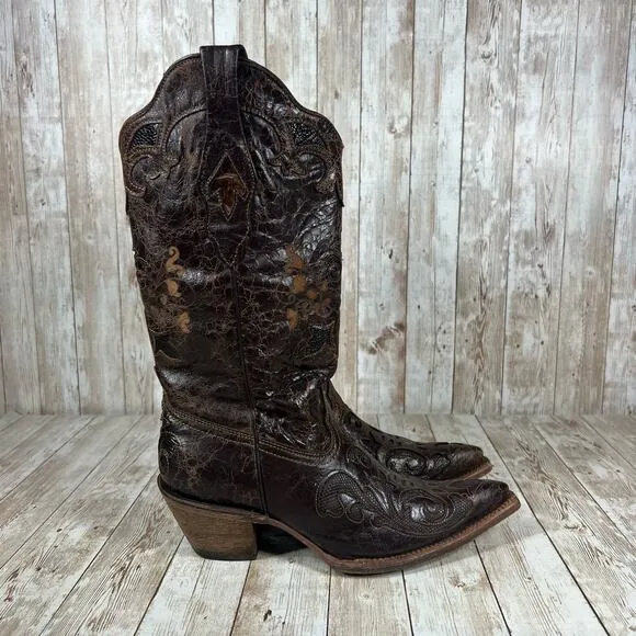 Corral Women's Chocolate Lizard Inlay‎ Snip Toe Cowgirl Boots C2118 Womens 7