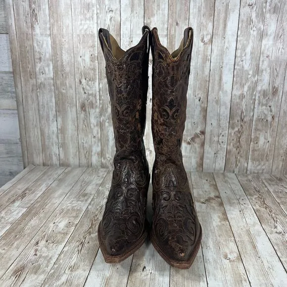 Corral Women's Chocolate Lizard Inlay‎ Snip Toe Cowgirl Boots C2118 Womens 7