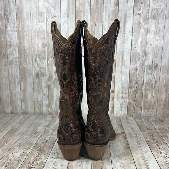 Corral Women's Chocolate Lizard Inlay‎ Snip Toe Cowgirl Boots C2118 Womens 7