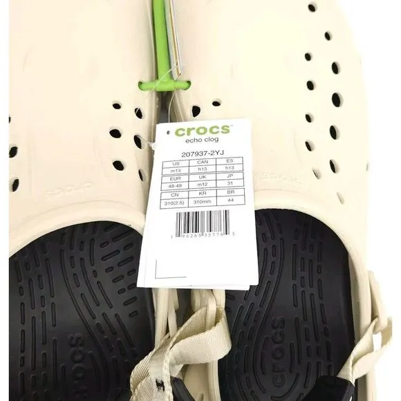 Crocs‎ Echo Clog (Mens Size 13) Slip On Shoes Sandals Bone Black New In Package