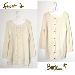 Cynthia Rowley cream loose knit pull-on sweater buttons boat neck long sleeve