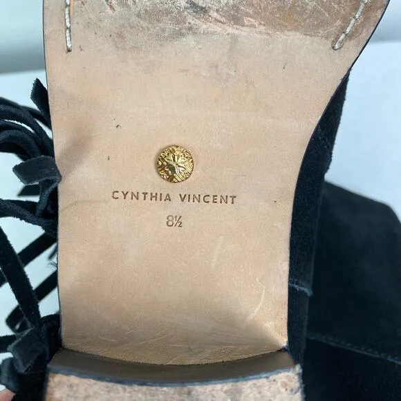 Cynthia Vincent Nibble Fringe Suede Ankle Heeled Bootie in Black, Size 8.5