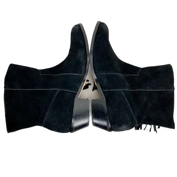 Cynthia Vincent Nibble Fringe Suede Ankle Heeled Bootie in Black, Size 8.5