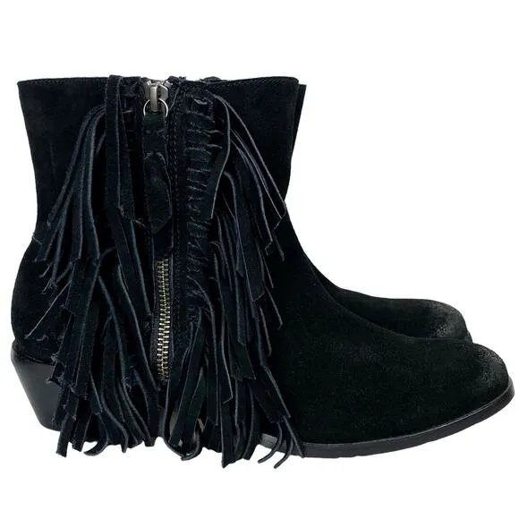 Cynthia Vincent Nibble Fringe Suede Ankle Heeled Bootie in Black, Size 8.5