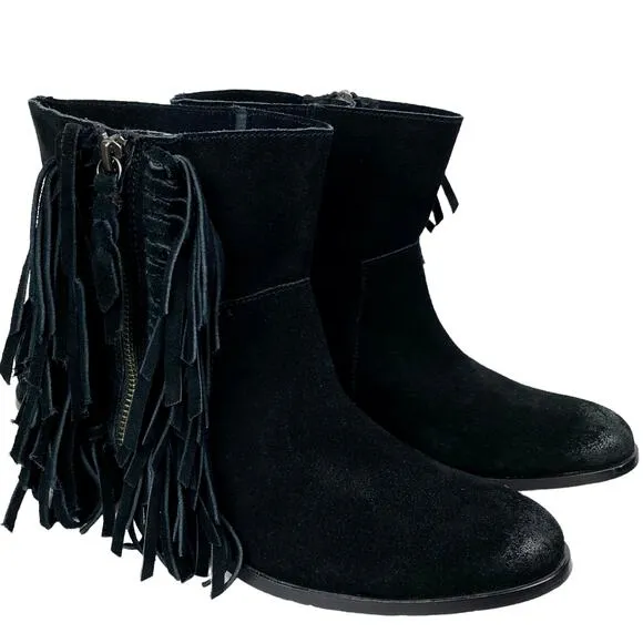 Cynthia Vincent Nibble Fringe Suede Ankle Heeled Bootie in Black, Size 8.5
