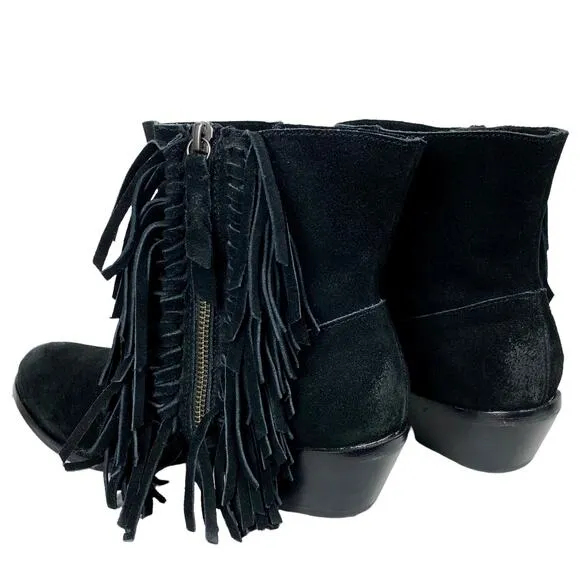 Cynthia Vincent Nibble Fringe Suede Ankle Heeled Bootie in Black, Size 8.5
