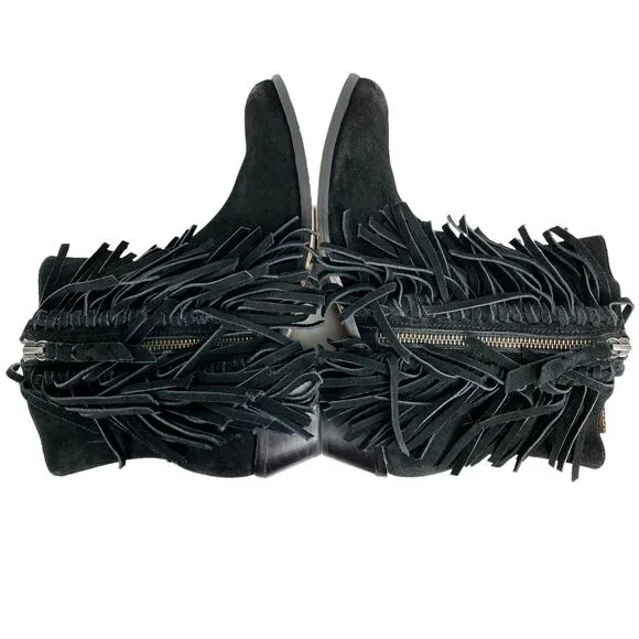 Cynthia Vincent Nibble Fringe Suede Ankle Heeled Bootie in Black, Size 8.5
