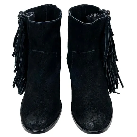 Cynthia Vincent Nibble Fringe Suede Ankle Heeled Bootie in Black, Size 8.5