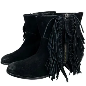 Cynthia Vincent Nibble Fringe Suede Ankle Heeled Bootie in Black, Size 8.5
