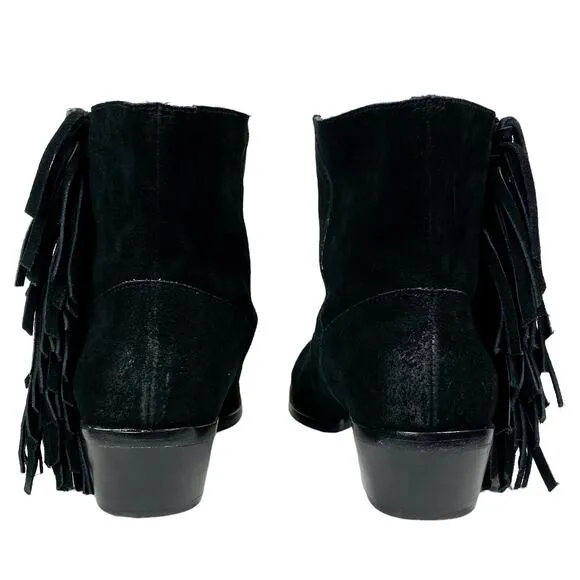 Cynthia Vincent Nibble Fringe Suede Ankle Heeled Bootie in Black, Size 8.5