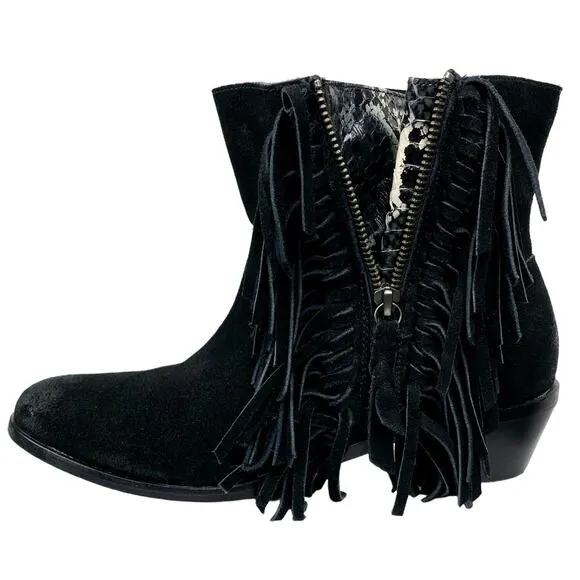 Cynthia Vincent Nibble Fringe Suede Ankle Heeled Bootie in Black, Size 8.5