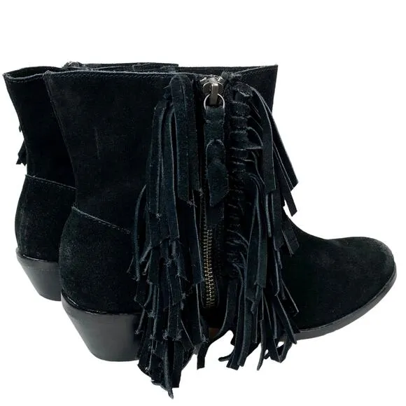 Cynthia Vincent Nibble Fringe Suede Ankle Heeled Bootie in Black, Size 8.5