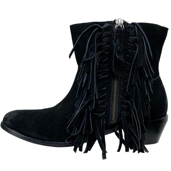 Cynthia Vincent Nibble Fringe Suede Ankle Heeled Bootie in Black, Size 8.5