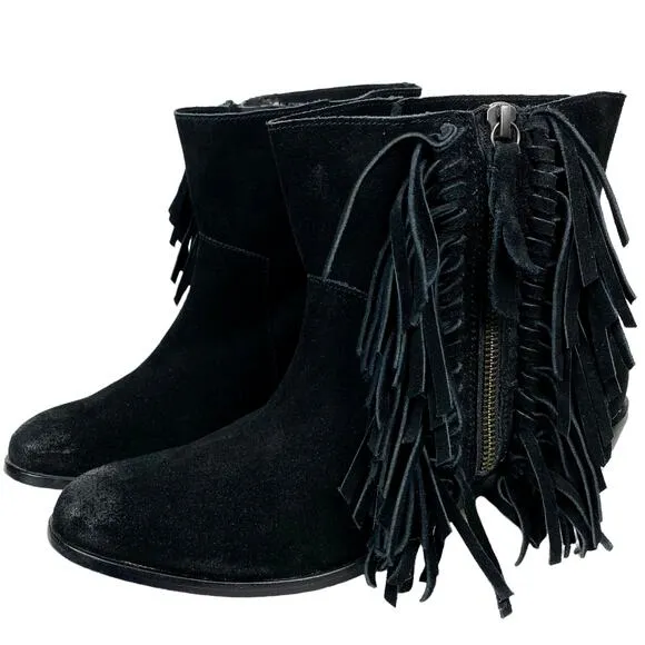 Cynthia Vincent Nibble Fringe Suede Ankle Heeled Bootie in Black, Size 8.5