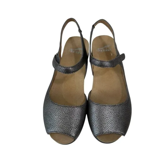Dansko Womens Slingback Wedge Sandals Metallic Gray Open Toe Comfort Shoes SZ 36