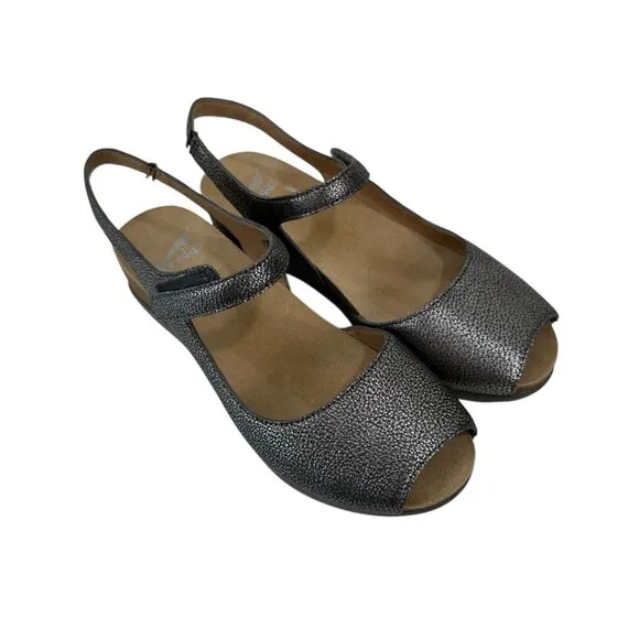 Dansko Womens Slingback Wedge Sandals Metallic Gray Open Toe Comfort Shoes SZ 36