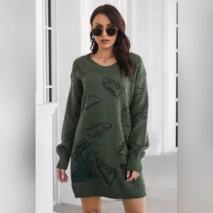 Dinosaur Knit Sweater Dress Round Neck Playful Long Sleeve Oversized Mini Green