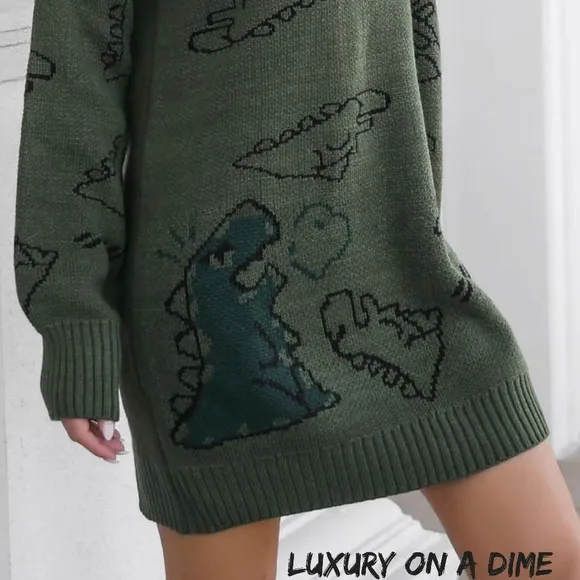 Dinosaur Knit Sweater Dress Round Neck Playful Long Sleeve Oversized Mini Green