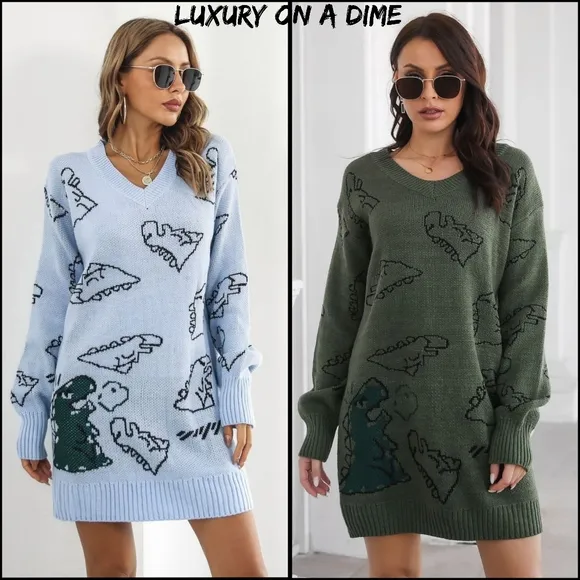 Dinosaur Knit Sweater Dress Round Neck Playful Long Sleeve Oversized Mini Green