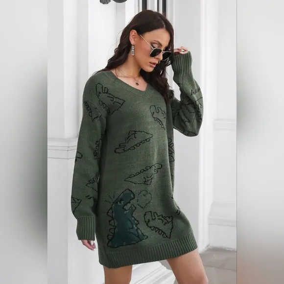 Dinosaur Knit Sweater Dress Round Neck Playful Long Sleeve Oversized Mini Green