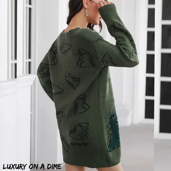 Dinosaur Knit Sweater Dress Round Neck Playful Long Sleeve Oversized Mini Green