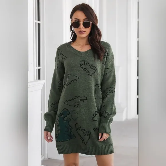 Dinosaur Knit Sweater Dress Round Neck Playful Long Sleeve Oversized Mini Green