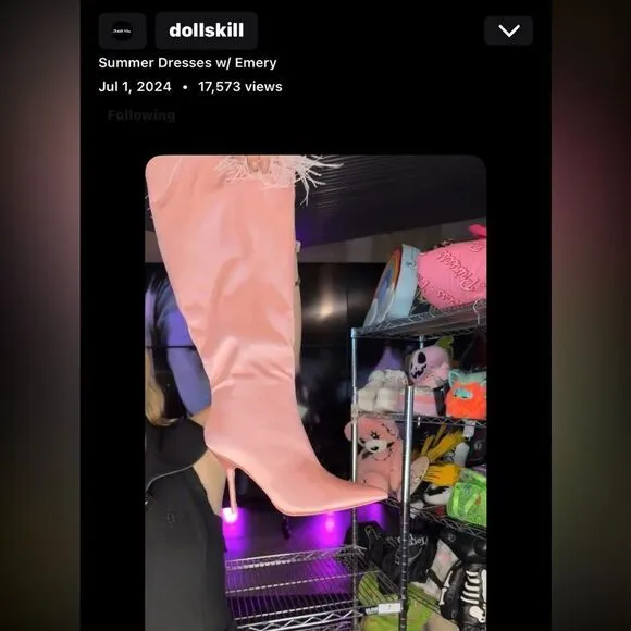Dolls Kill Pink Satin Stiletto Boots With Feather Trim