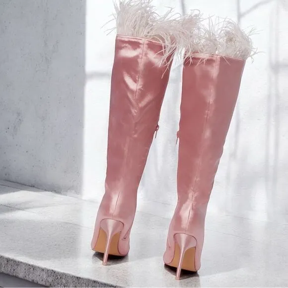 Dolls Kill Pink Satin Stiletto Boots With Feather Trim