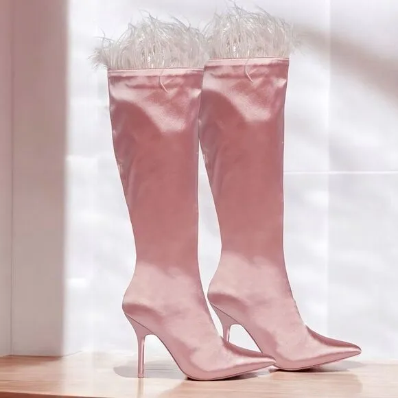 Dolls Kill Pink Satin Stiletto Boots With Feather Trim