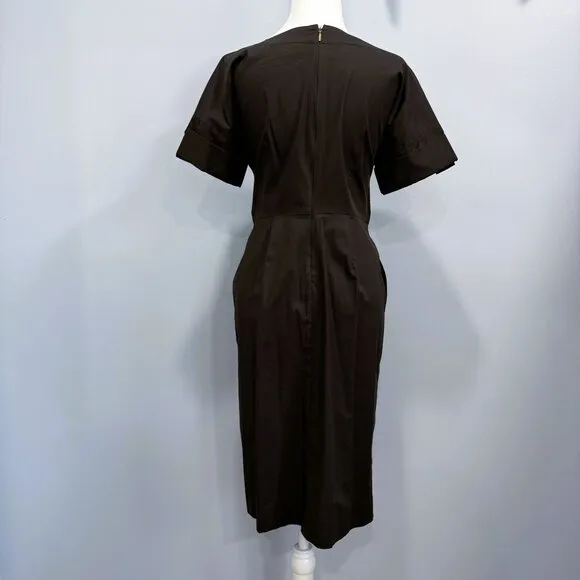 Donna Karan Tie Waist Shirt Dress Boat Neck Pockets Knee Black Size XXS